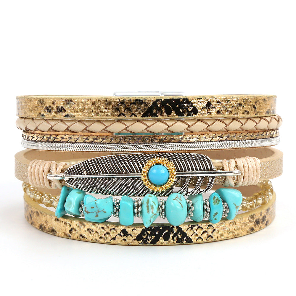 Wholesale Retro Ethnic Style Woven Turquoise Multi-layer Bohemian Magnet Buckle Feather Bracelet
